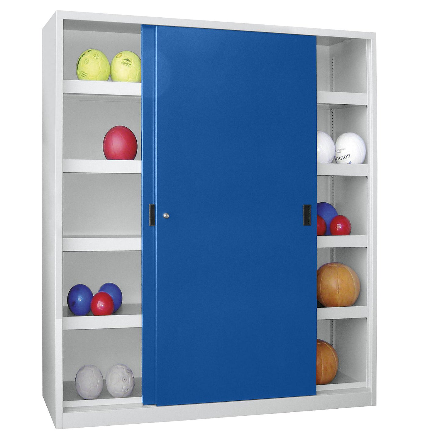 Sliding door ball cupboard, height 1950 mm, with solid panel doors, width 1500 mm, grey / blue.