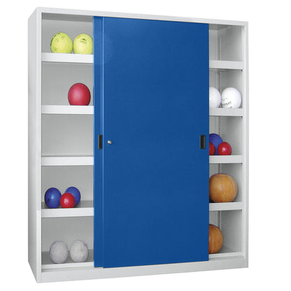 Sliding door ball cupboard, height 1950 mm, with solid panel doors, width 1500 mm, grey / blue.