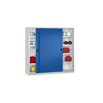 Sliding door ball cupboard, height 1950 mm, with solid panel doors, width 2000 mm, grey / blue.