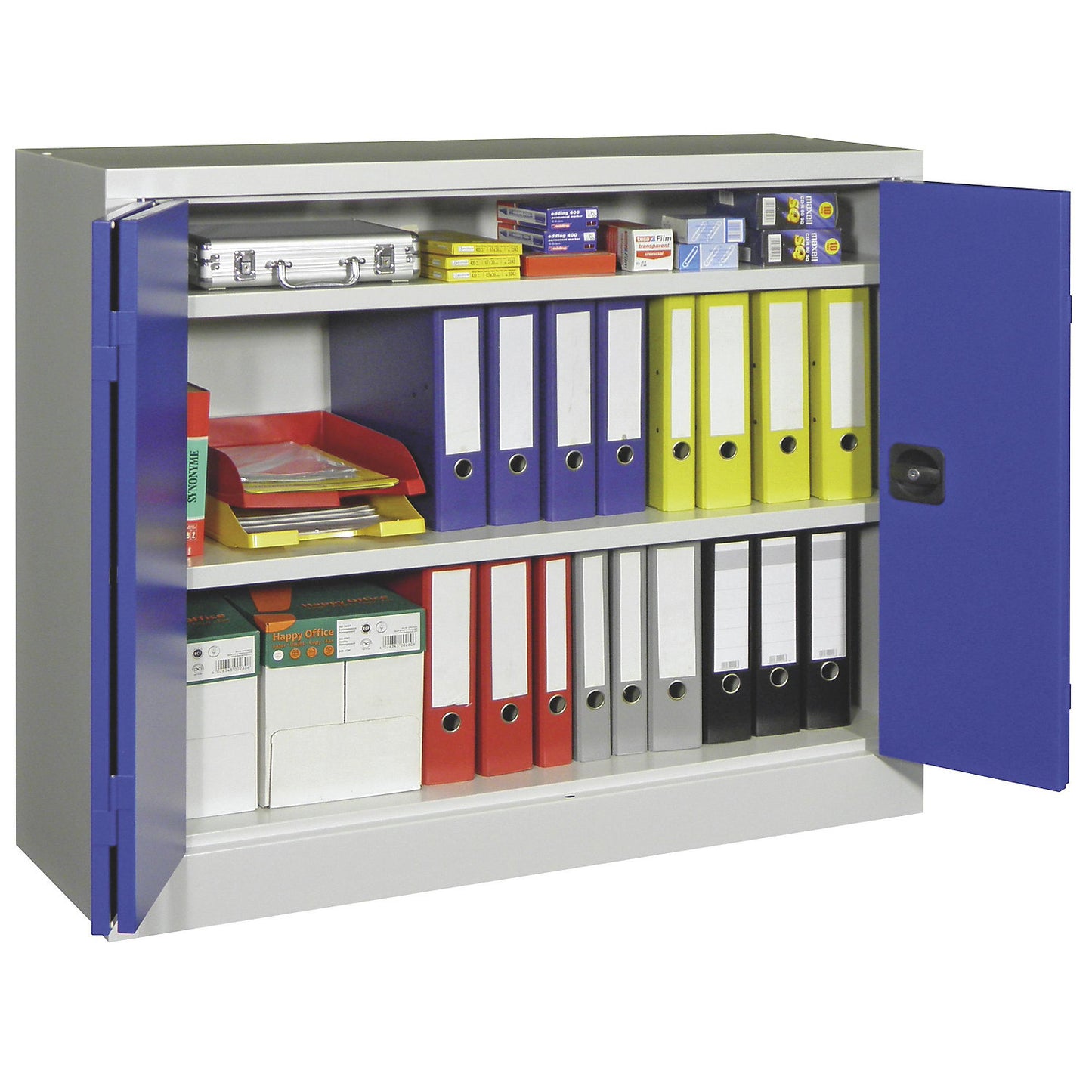 Cupboard with folding doors, height 1000 mm, width 1200 mm, depth 500 mm, grey/blue.