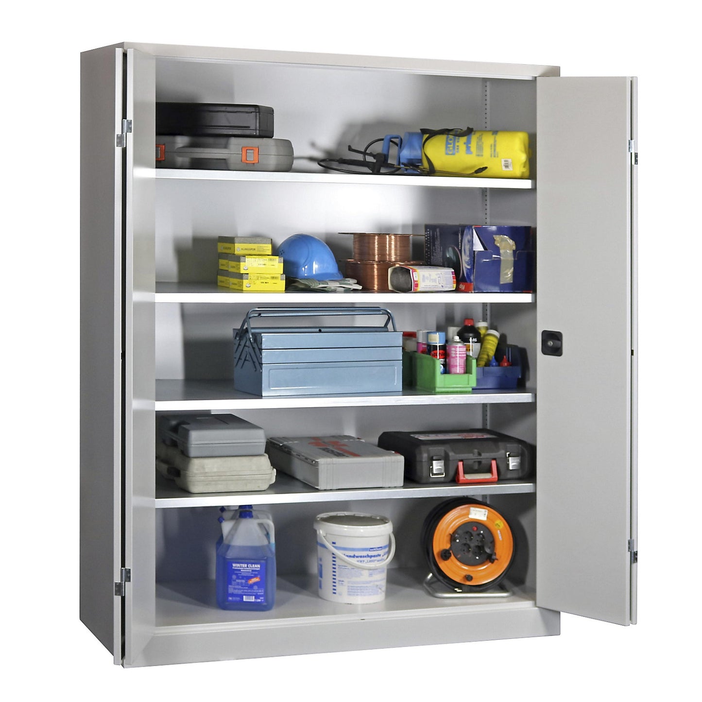 Cupboard with folding doors, height 1950 mm, width 1500 mm, depth 400 mm, grey.
