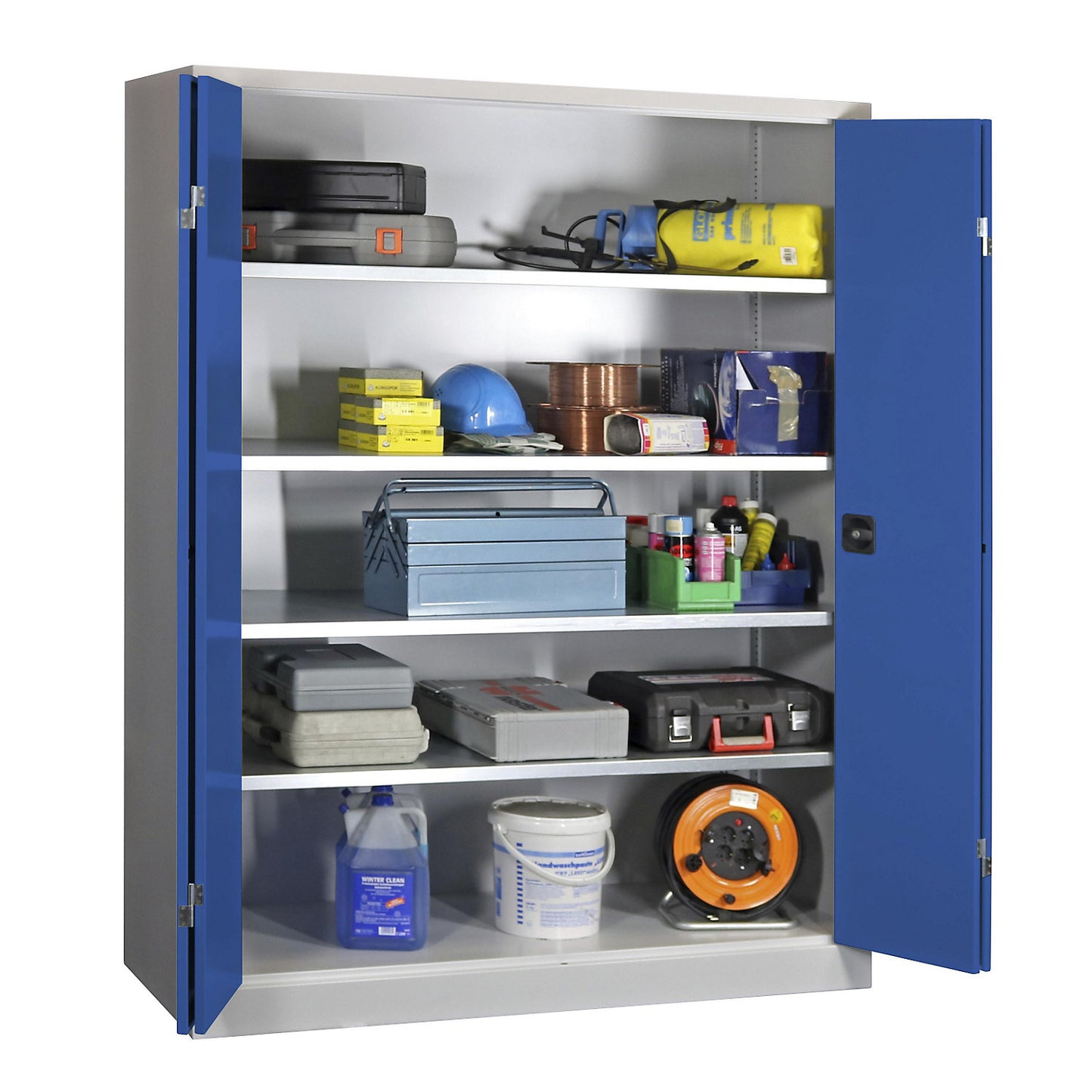 Cupboard with folding doors, height 1950 mm, width 1500 mm, depth 600 mm, grey/blue.