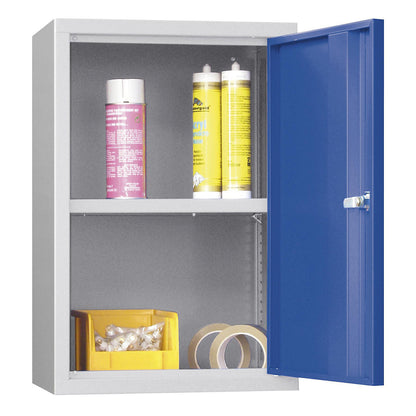 Wall mounted cupboard, height 600 mm, with solid panel door/s, width 400 mm, solid rear panel, grey / blue.