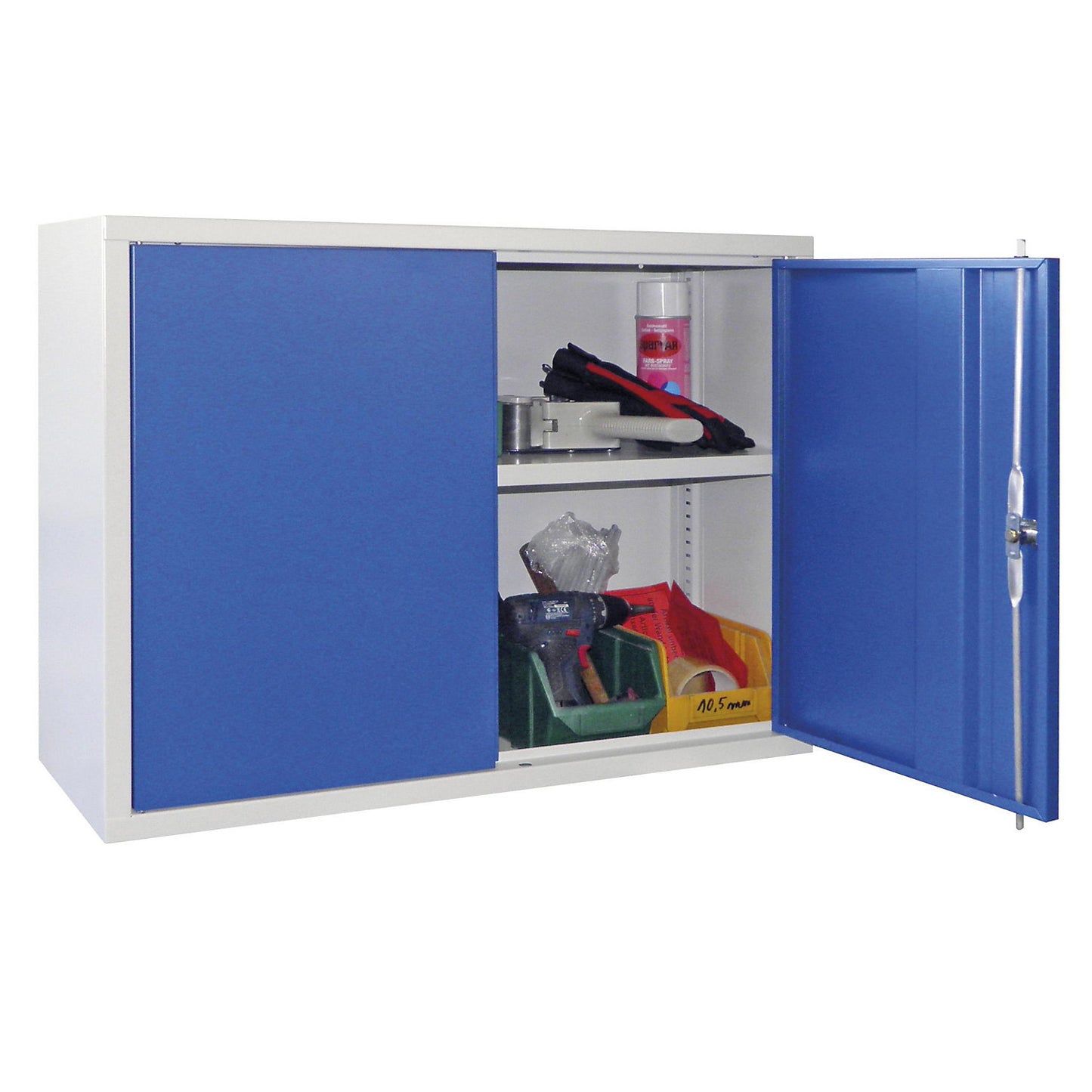 Wall mounted cupboard, height 600 mm, with solid panel door/s, width 800 mm, solid rear panel, grey / blue.