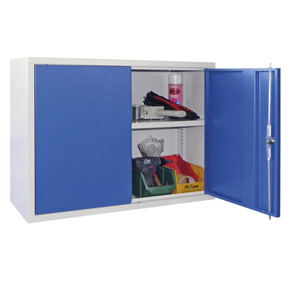 Wall mounted cupboard, height 600 mm, with solid panel door/s, width 800 mm, solid rear panel, grey / blue.