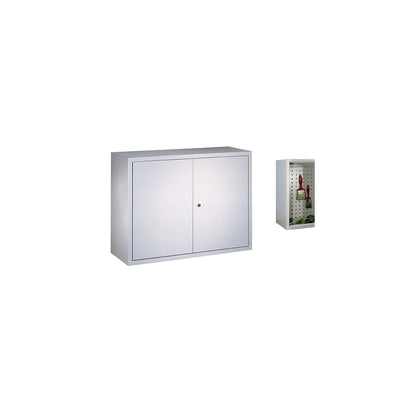 Wall mounted cupboard, height 600 mm, with solid panel door/s, width 800 mm, perforated rear panel, grey.