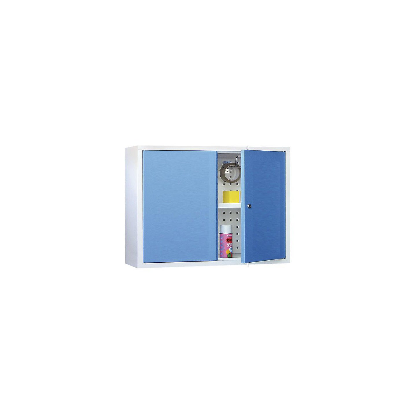 Wall mounted cupboard, height 600 mm, with solid panel door/s, width 800 mm, perforated rear panel, grey / blue.