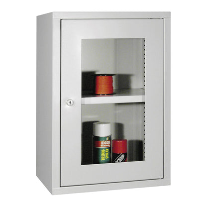 Wall mounted cupboard, height 600 mm, with vision panel door/s, width 400 mm, solid rear panel, grey.
