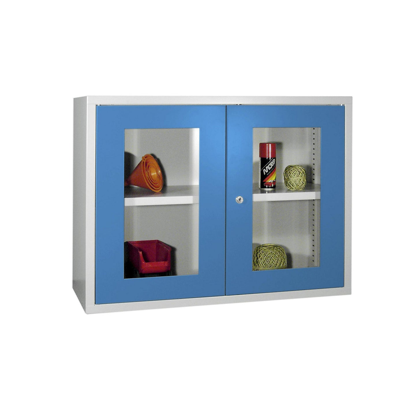 Wall mounted cupboard, height 600 mm, with vision panel door/s, width 800 mm, solid rear panel, grey / blue.
