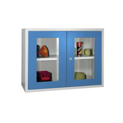 Wall mounted cupboard, height 600 mm, with vision panel door/s, width 800 mm, solid rear panel, grey / blue.