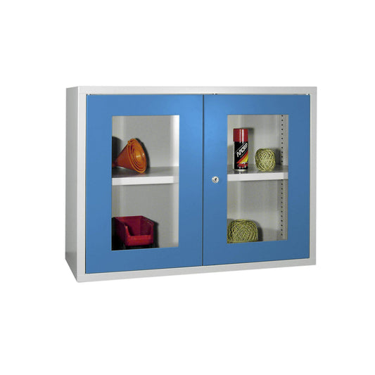 Wall mounted cupboard, height 600 mm, with vision panel door/s, width 800 mm, solid rear panel, grey / blue.