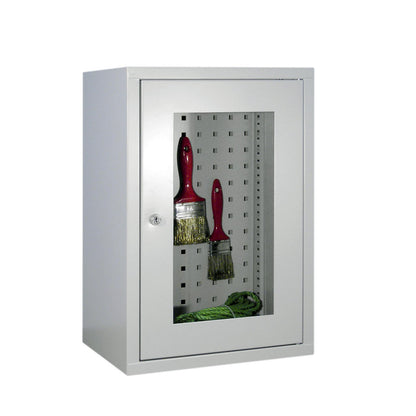 Wall mounted cupboard, height 600 mm, with vision panel door/s, width 400 mm, perforated rear panel, grey.