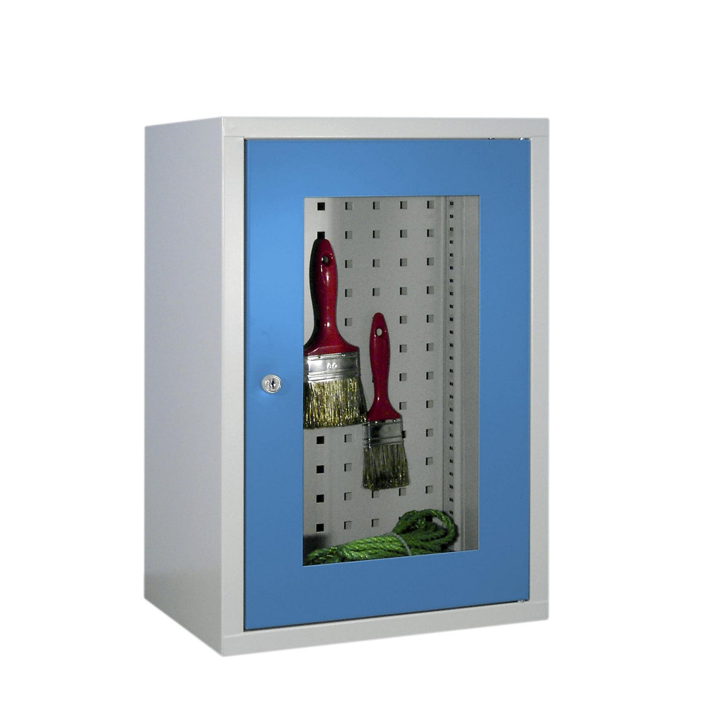 Wall mounted cupboard, height 600 mm, with vision panel door/s, width 400 mm, perforated rear panel, grey / blue.