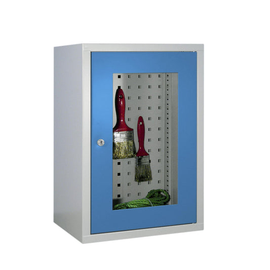 Wall mounted cupboard, height 600 mm, with vision panel door/s, width 400 mm, perforated rear panel, grey / blue.