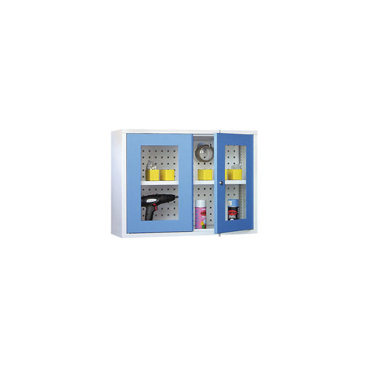 Wall mounted cupboard, height 600 mm, with vision panel door/s, width 800 mm, perforated rear panel, grey / blue.