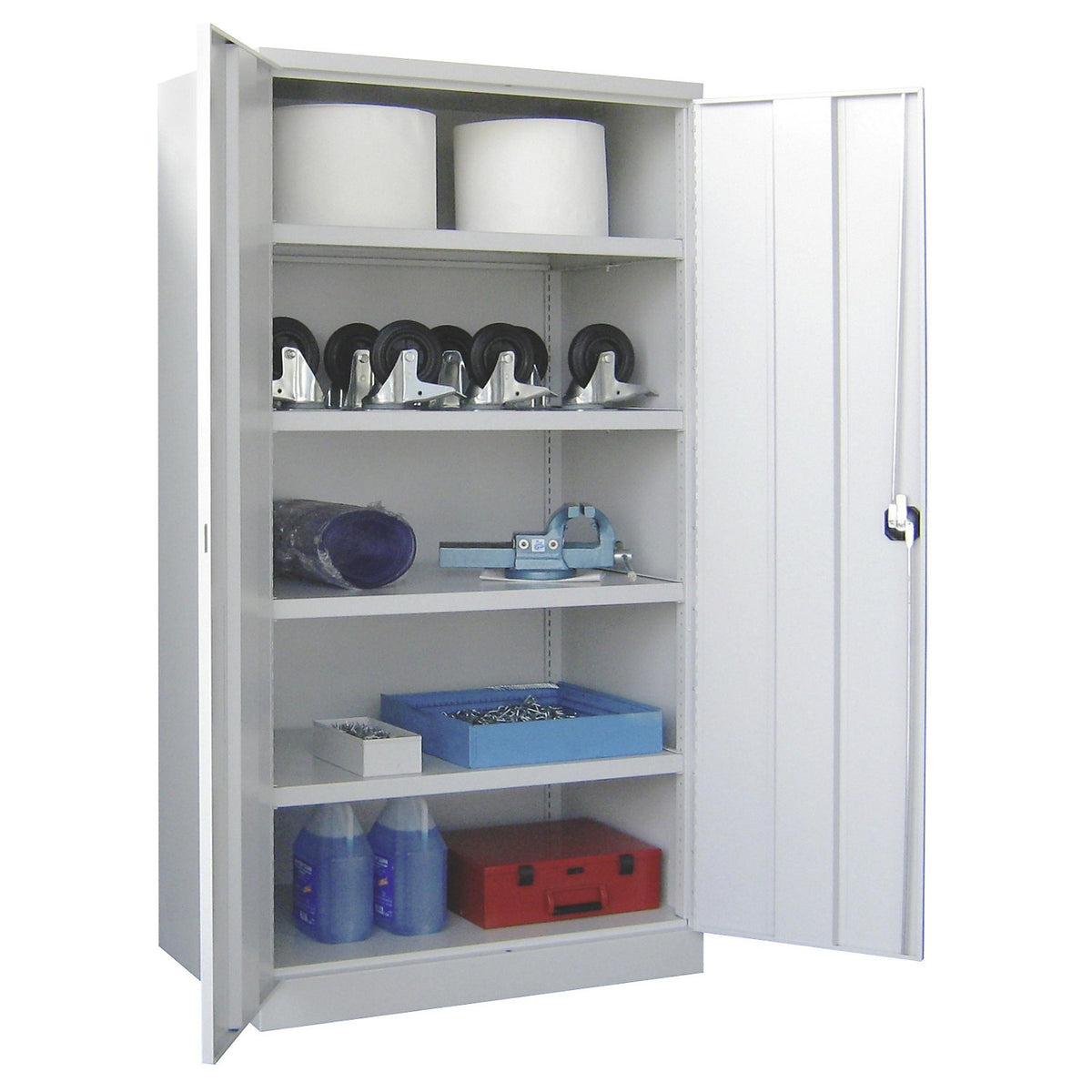 Heavy duty cupboard, height 1950 mm, 4 shelves, grey.