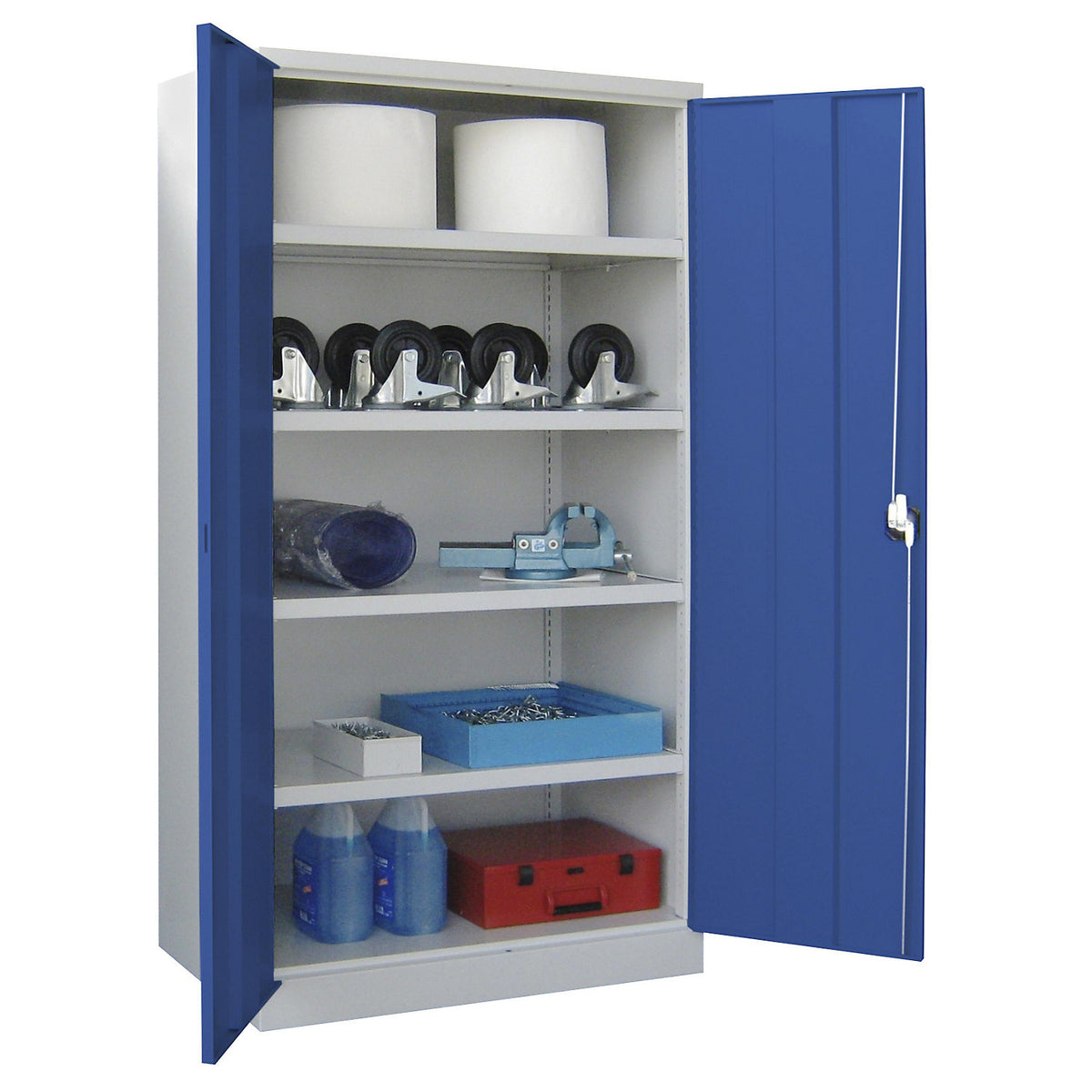 Heavy duty cupboard, height 1950 mm, 4 shelves, grey / blue.
