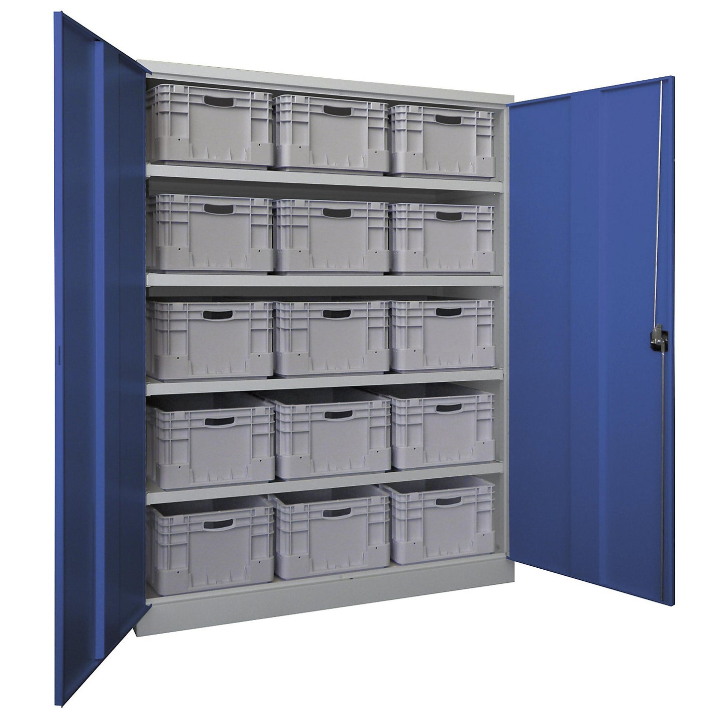 Heavy duty cupboard, extra wide, height x width x depth 1950 x 1470 x 630 mm, 4 shelves, grey / blue.