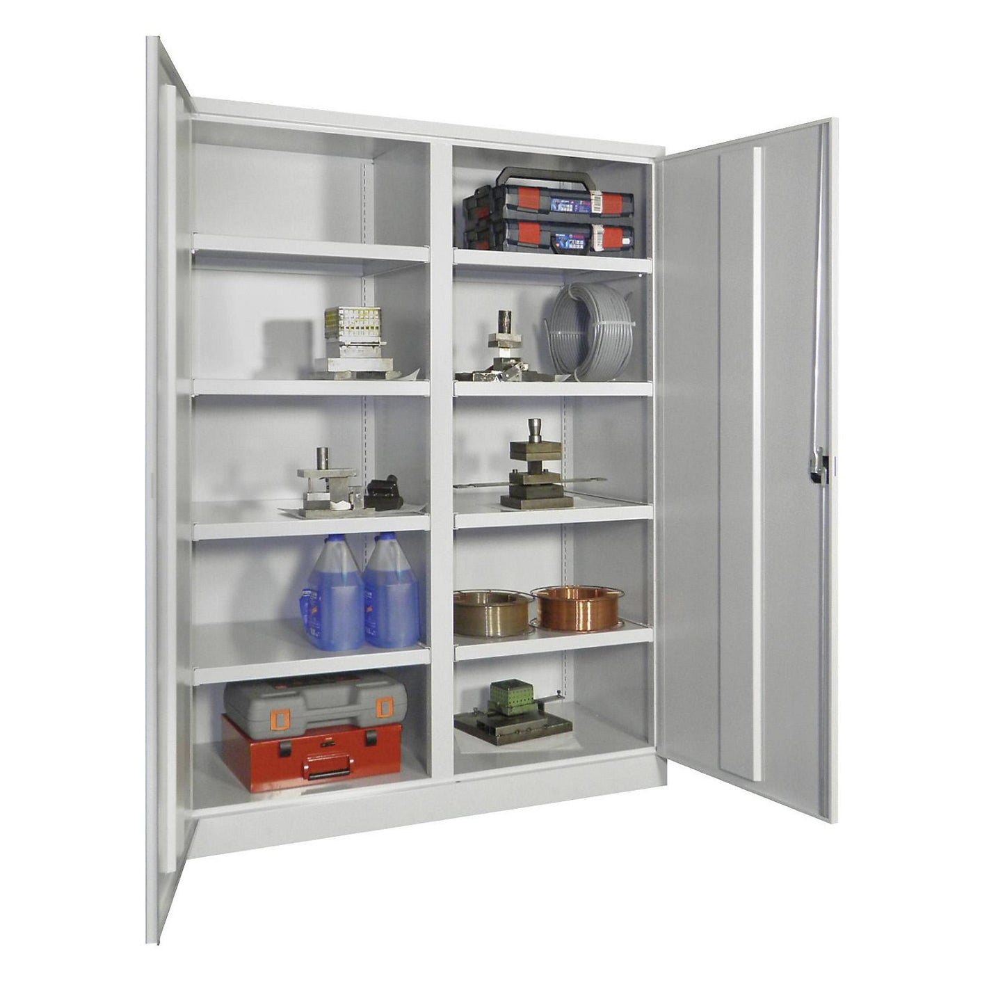 Heavy duty cupboard, extra wide, height x width x depth 1950 x 1470 x 630 mm, 8 shelves, 1 centre partition, grey.