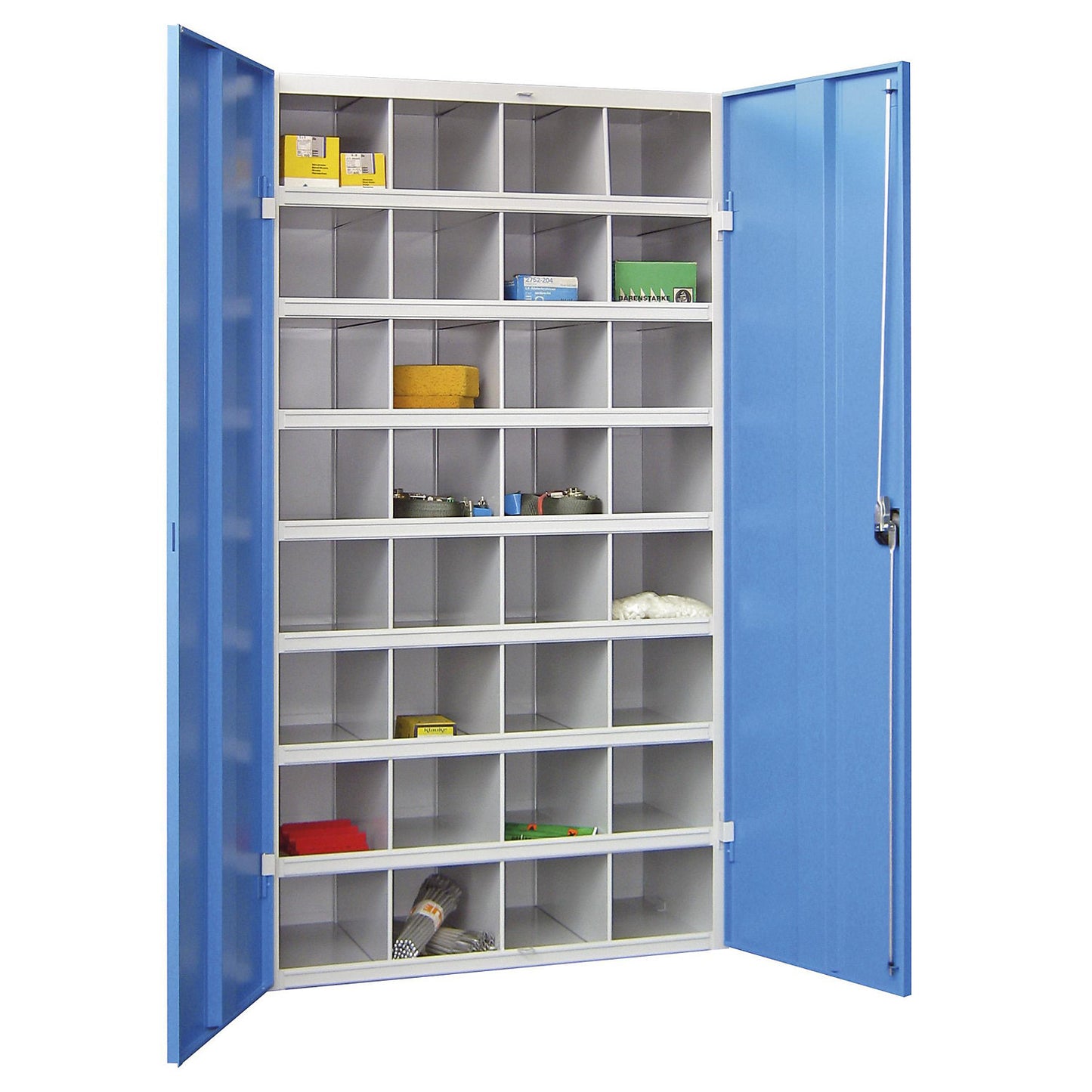 Bin units, 32 compartments, with doors, grey / blue.