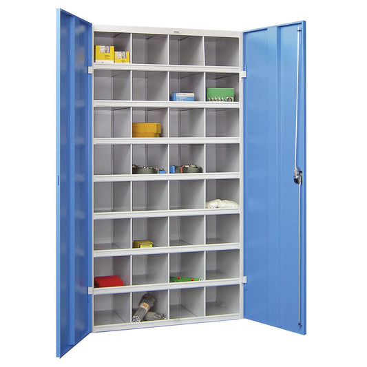 Bin units, 32 compartments, with doors, grey / blue.