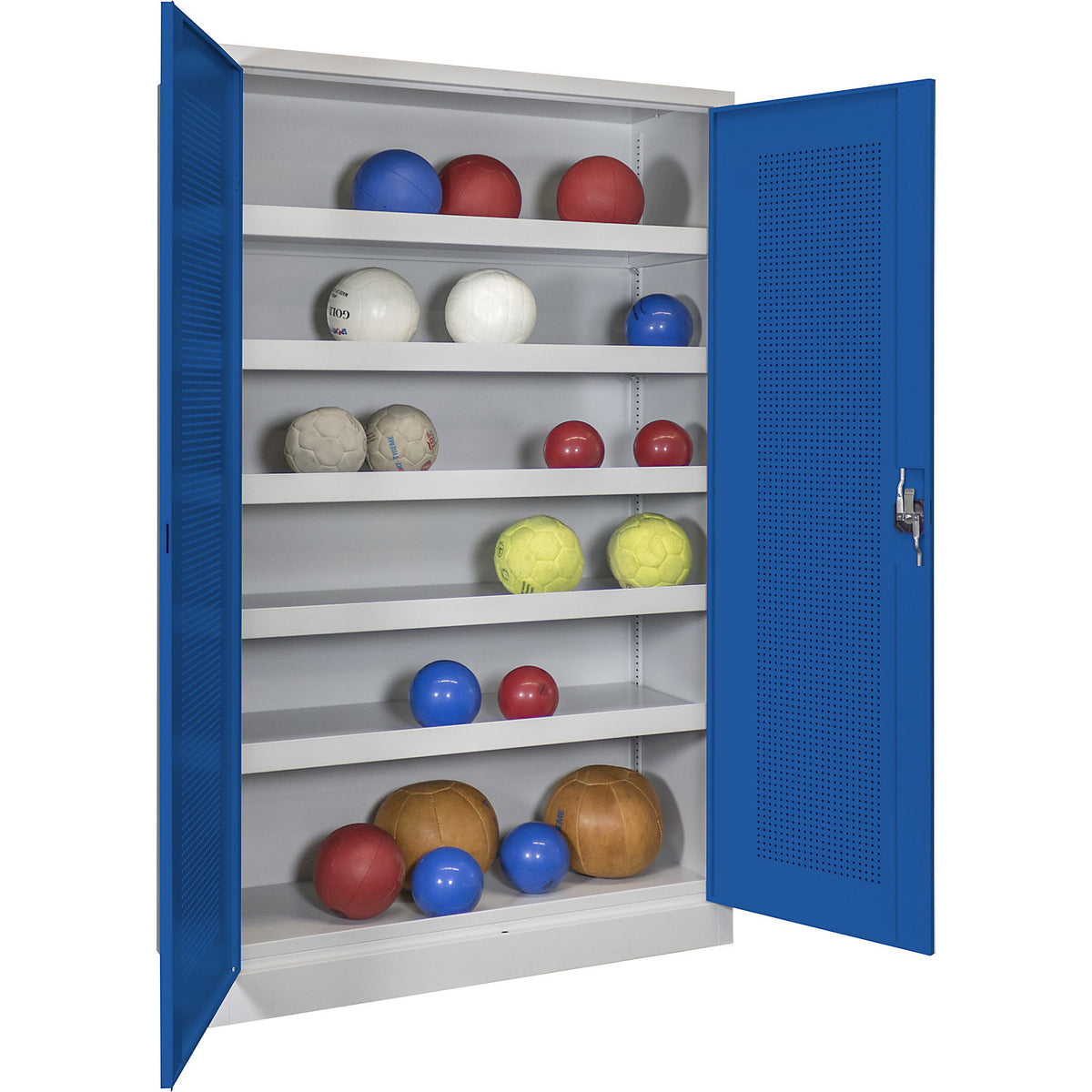 Double door ball cupboard, height 1950 mm, with solid panel doors, width 1000 mm, grey / blue.