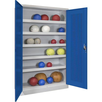 Double door ball cupboard, height 1950 mm, with solid panel doors, width 1000 mm, grey / blue.