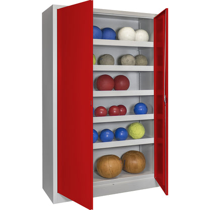 Double door ball cupboard, height 1950 mm, with solid panel doors, width 1000 mm, grey / red.