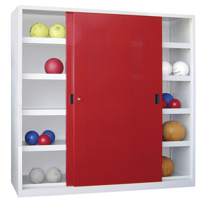 Sliding door ball cupboard, height 1950 mm, with perforated panel doors, width 2000 mm, grey / red.