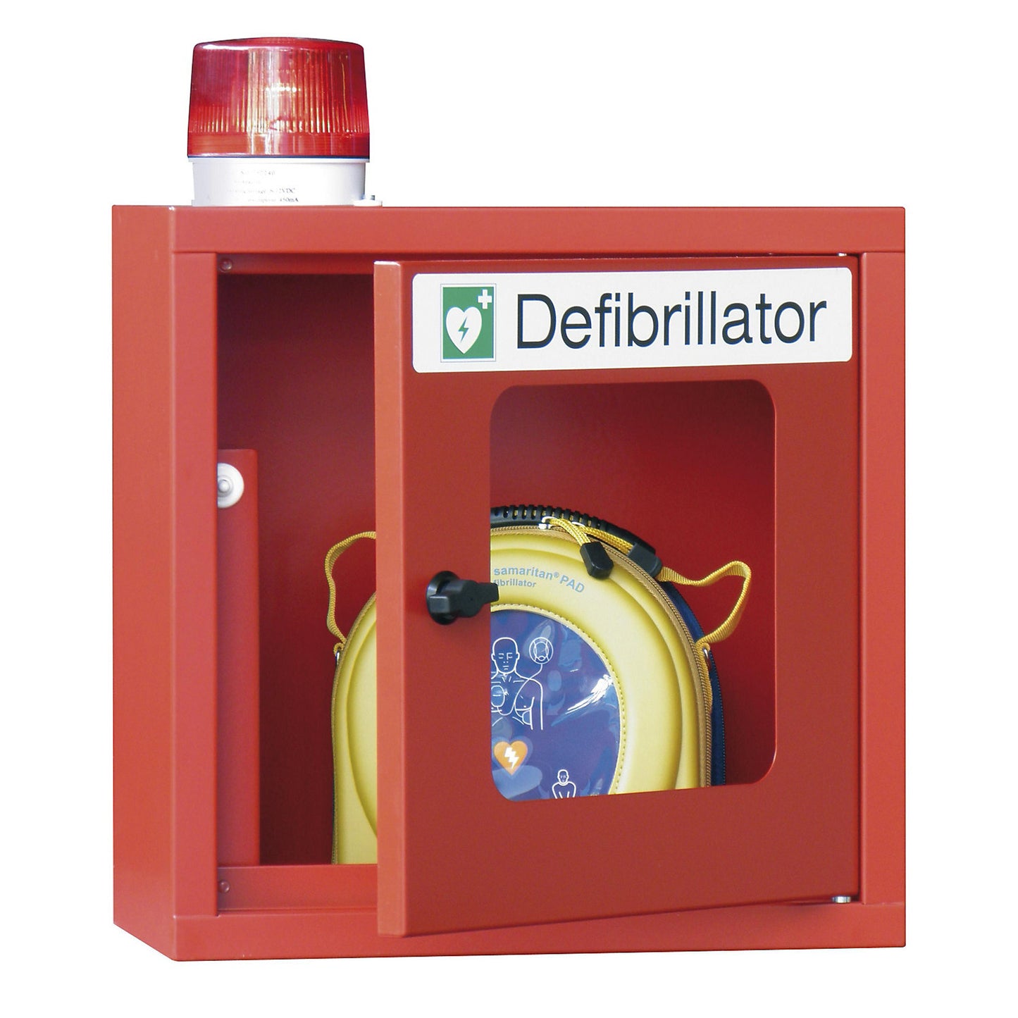 Defibrillator cupboard, with audible and visual alarm, flame red.