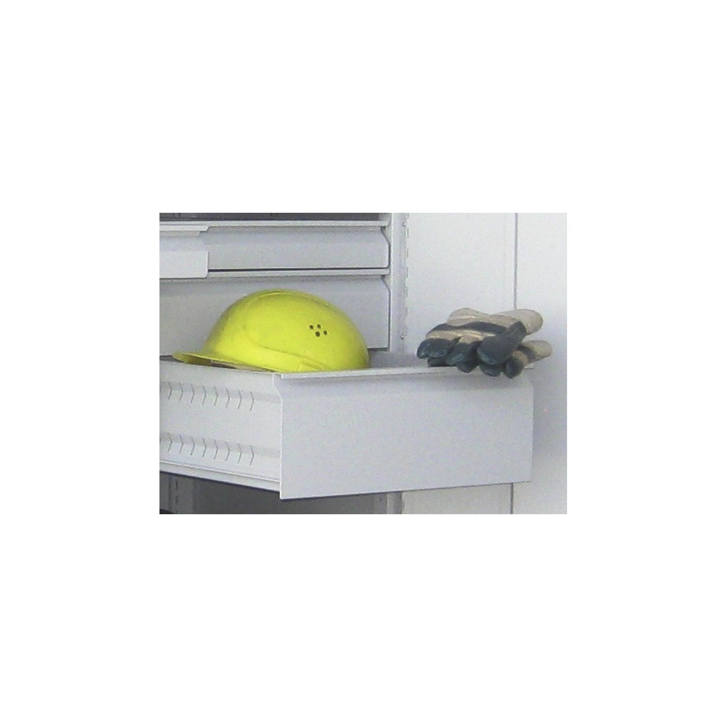 Drawer, powder coated, for heavy duty cupboard with centre partition, front height 125 mm.