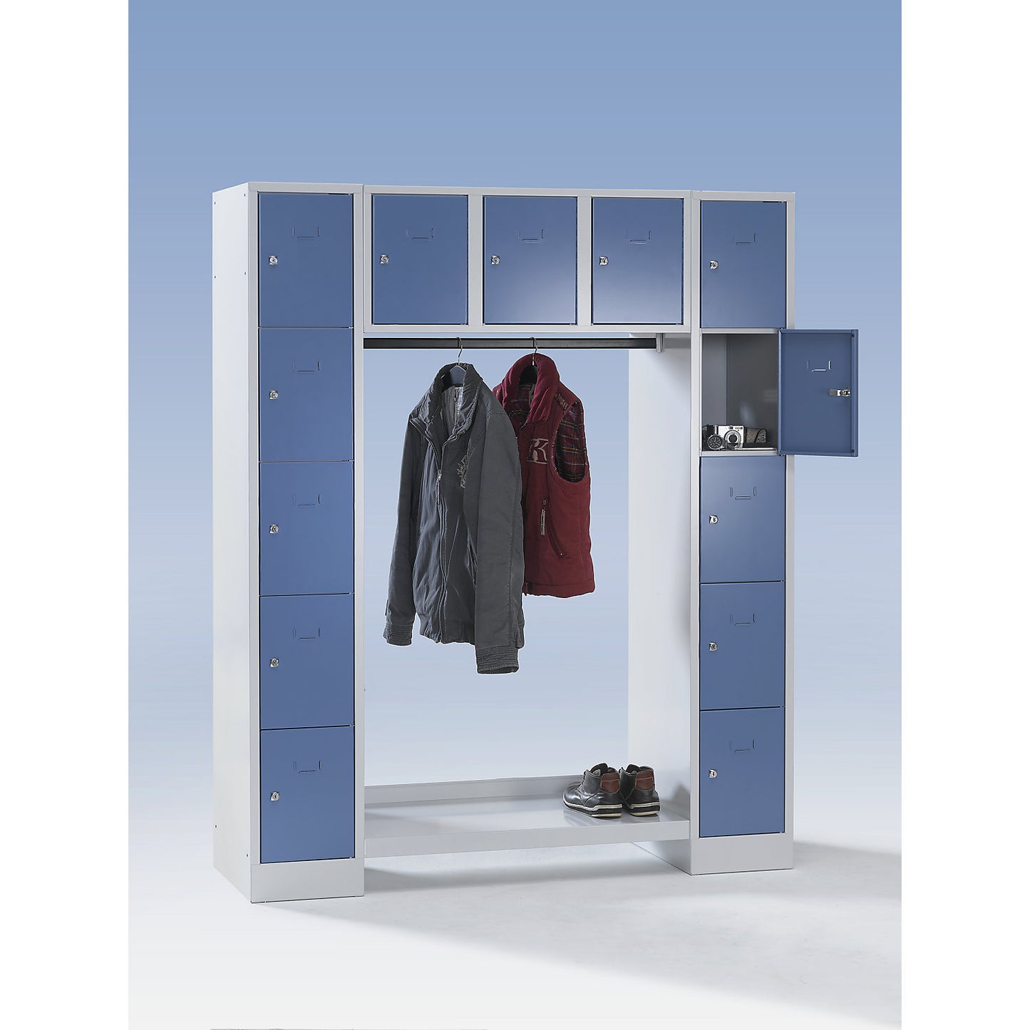 Dresden cloakroom locker system, 13 compartments, light grey / pigeon blue.