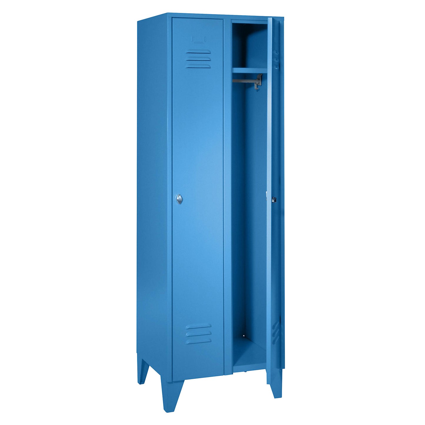 Berlin 2 clothes locker, 2 compartments, light blue, width 600 mm, flat roof shape.