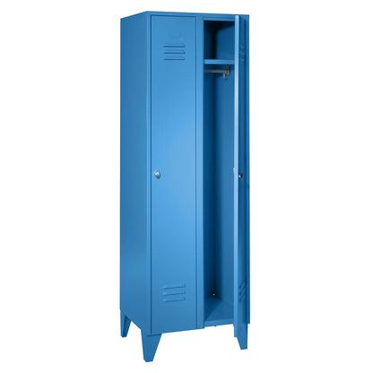 Berlin 2 clothes locker, 2 compartments, light blue, width 600 mm, flat roof shape.