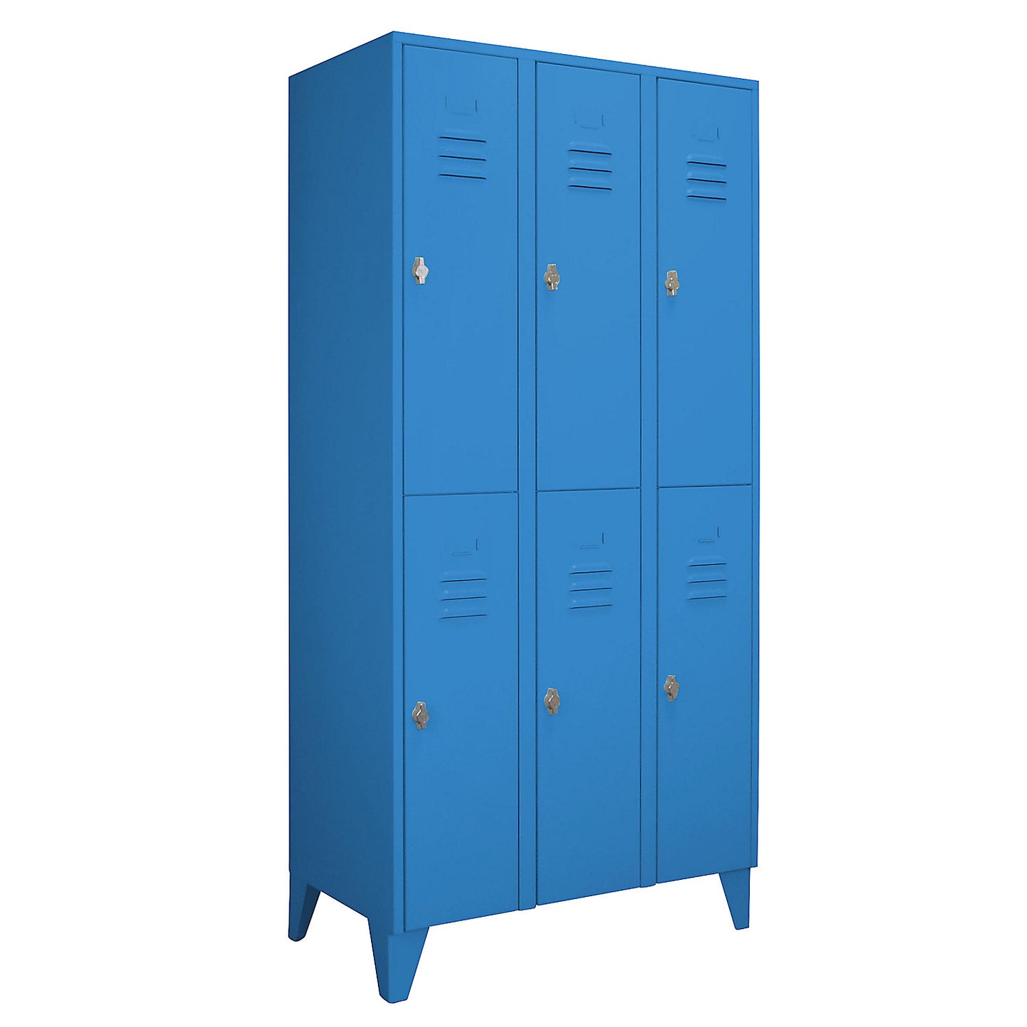 Berlin 2 double deck clothes locker, 3 compartments, light blue, width 900 mm, flat roof shape.