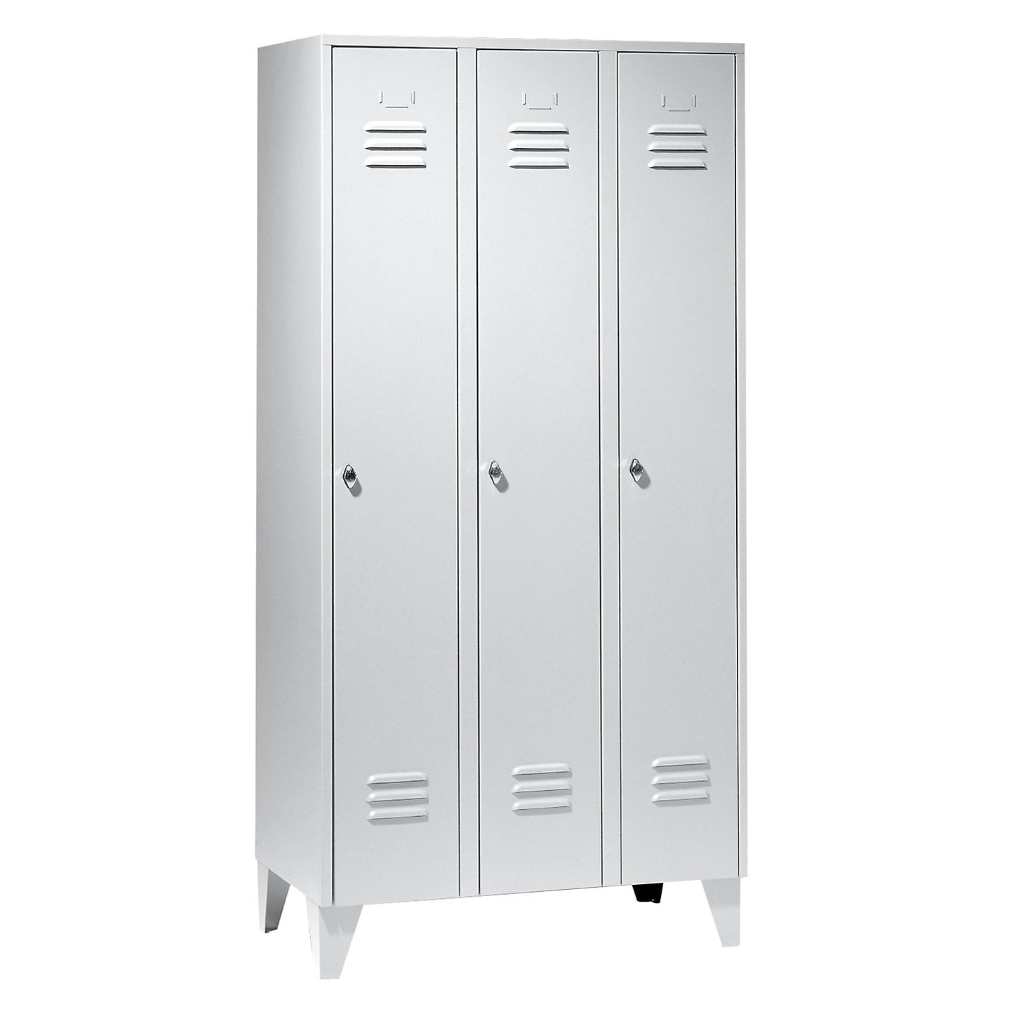 Berlin 2 clothes locker, 3 compartments, light grey, width 900 mm, flat roof shape.