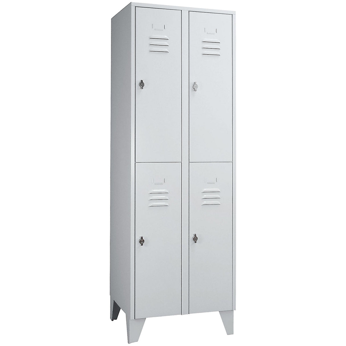 Berlin 2 double deck clothes locker, 2 compartments, light grey, width 600 mm, flat roof shape.