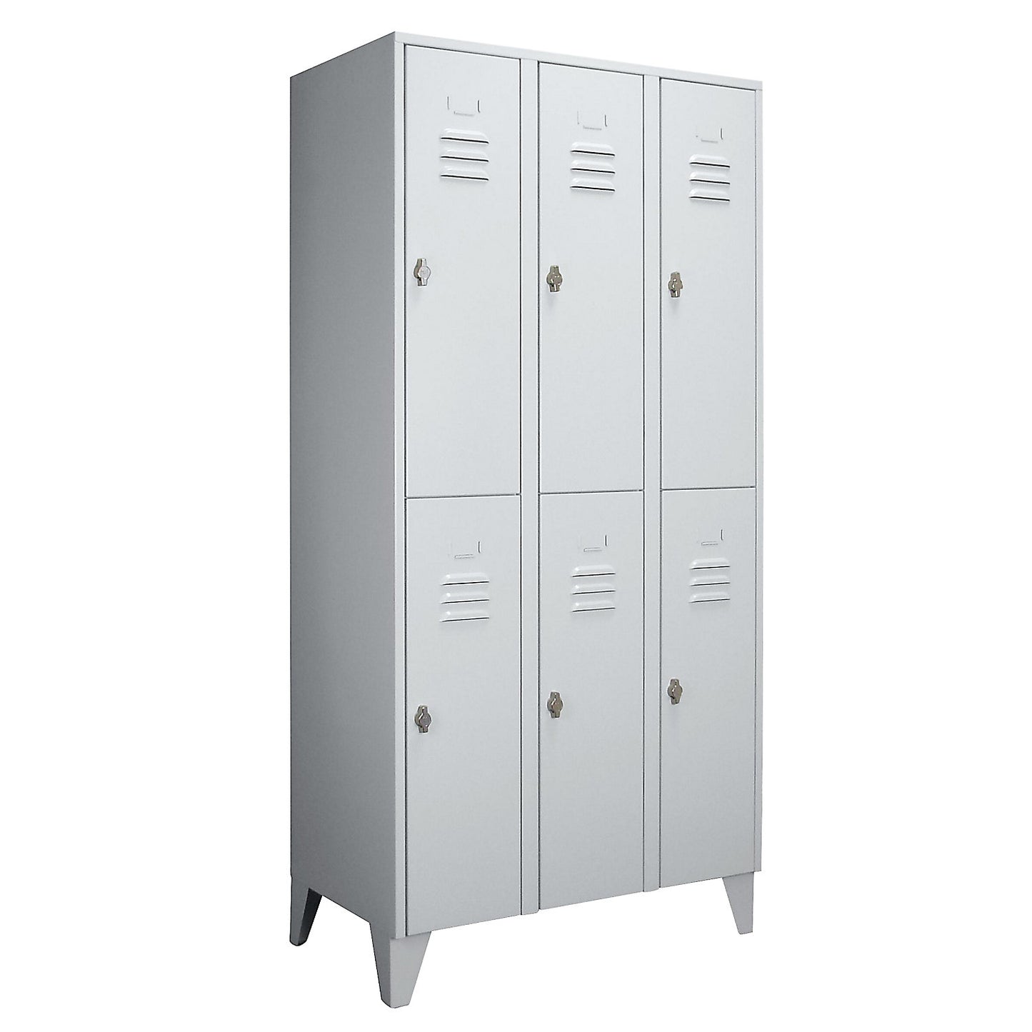 Berlin 2 double deck clothes locker, 3 compartments, light grey, width 900 mm, flat roof shape.