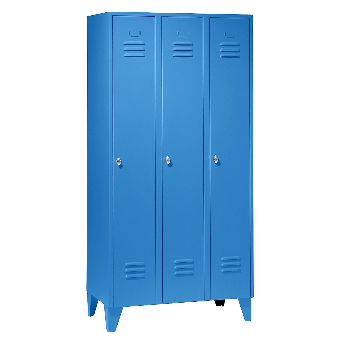 Berlin 2 clothes locker, 3 compartments, light blue, width 900 mm, flat roof shape.