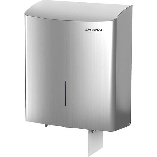 Duplex toilet paper dispenser, for 1 large roll or 3 standard household rolls, brushed stainless steel.