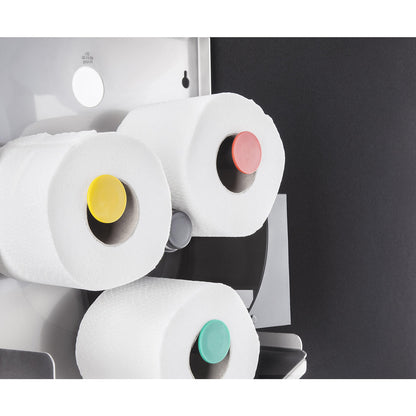 Duplex toilet paper dispenser, for 1 large roll or 3 standard household rolls, white stainless steel.