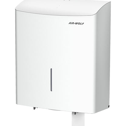 Duplex toilet paper dispenser, for 1 large roll or 3 standard household rolls, white stainless steel.