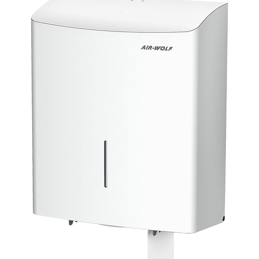 Duplex toilet paper dispenser, for 1 large roll or 3 standard household rolls, white stainless steel.