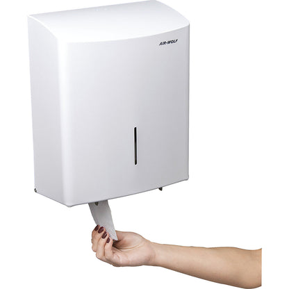 Duplex toilet paper dispenser, for 1 large roll or 3 standard household rolls, white stainless steel.