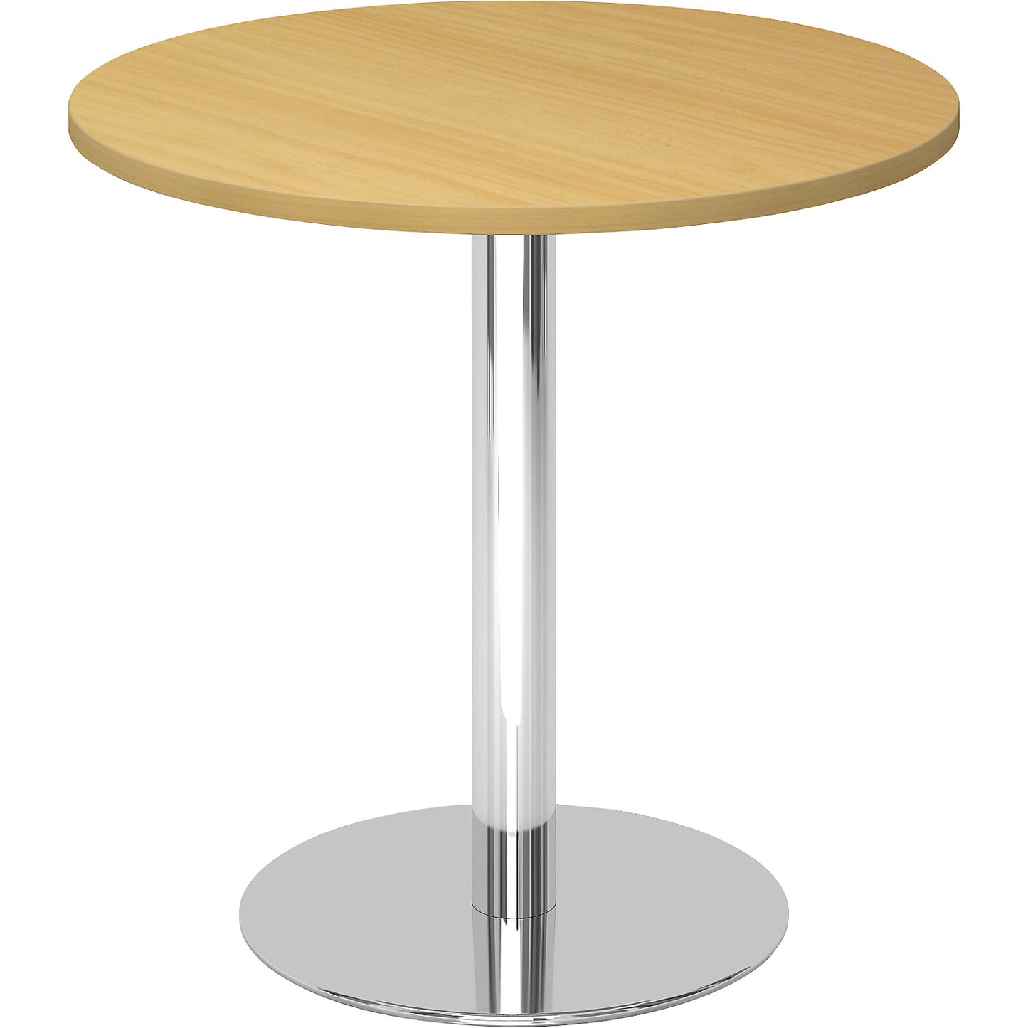Conference table, Ø 800 mm, 755 mm high, chrome plated frame, tabletop in beech finish.