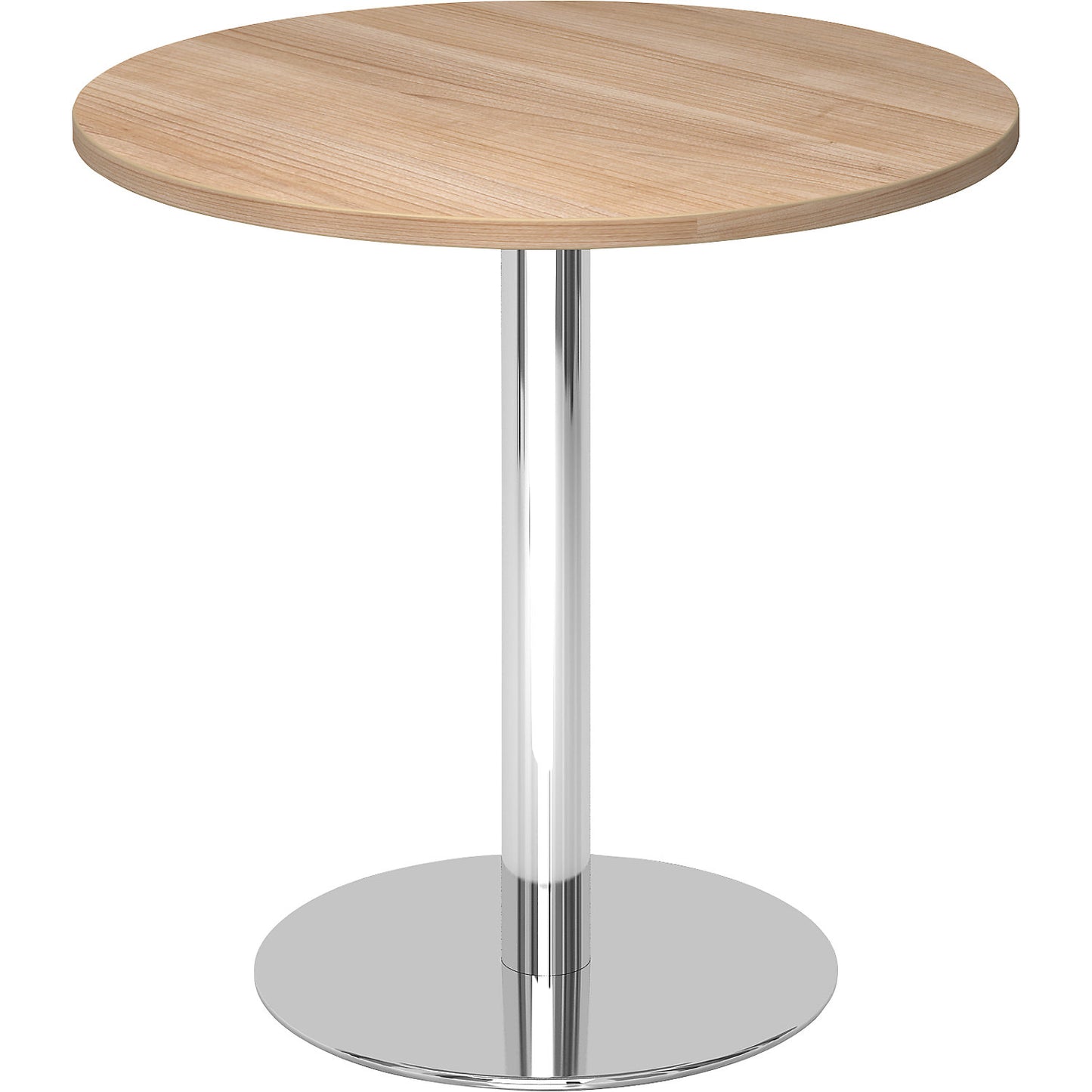 Conference table, Ø 800 mm, 755 mm high, chrome plated frame, tabletop in walnut finish.