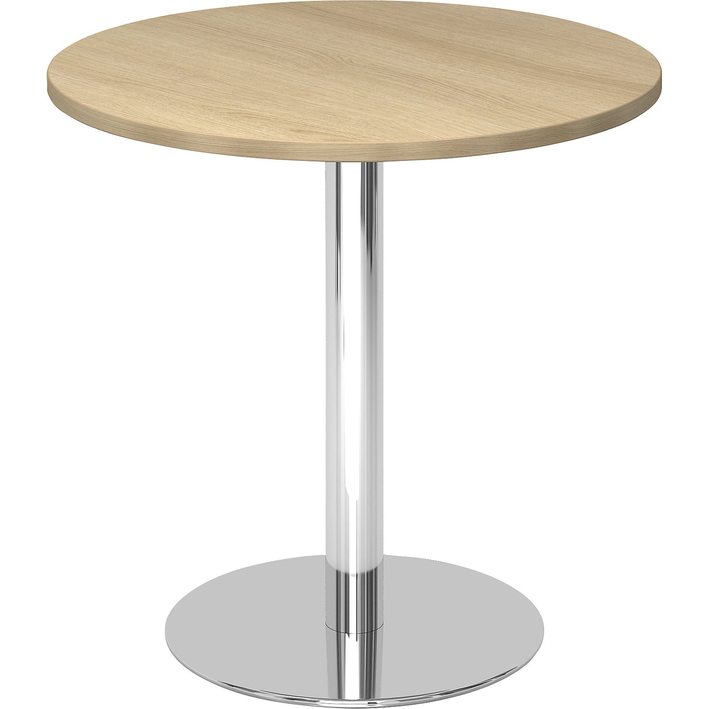 Conference table, Ø 800 mm, 755 mm high, chrome plated frame, tabletop in oak finish.