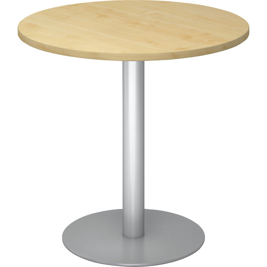 Conference table, Ø 800 mm, 755 mm high, silver frame, tabletop in maple finish.