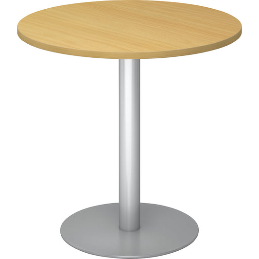 Conference table, Ø 800 mm, 755 mm high, silver frame, tabletop in beech finish.
