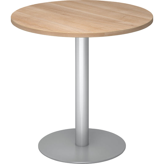 Conference table, Ø 800 mm, 755 mm high, silver frame, tabletop in walnut finish.